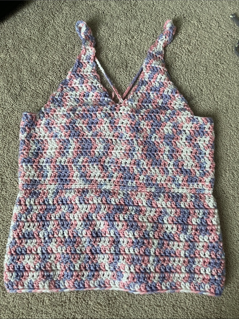 Hand-Crocheted Women’s V-Neck Tank Top in Pastel Pink, Blue & White